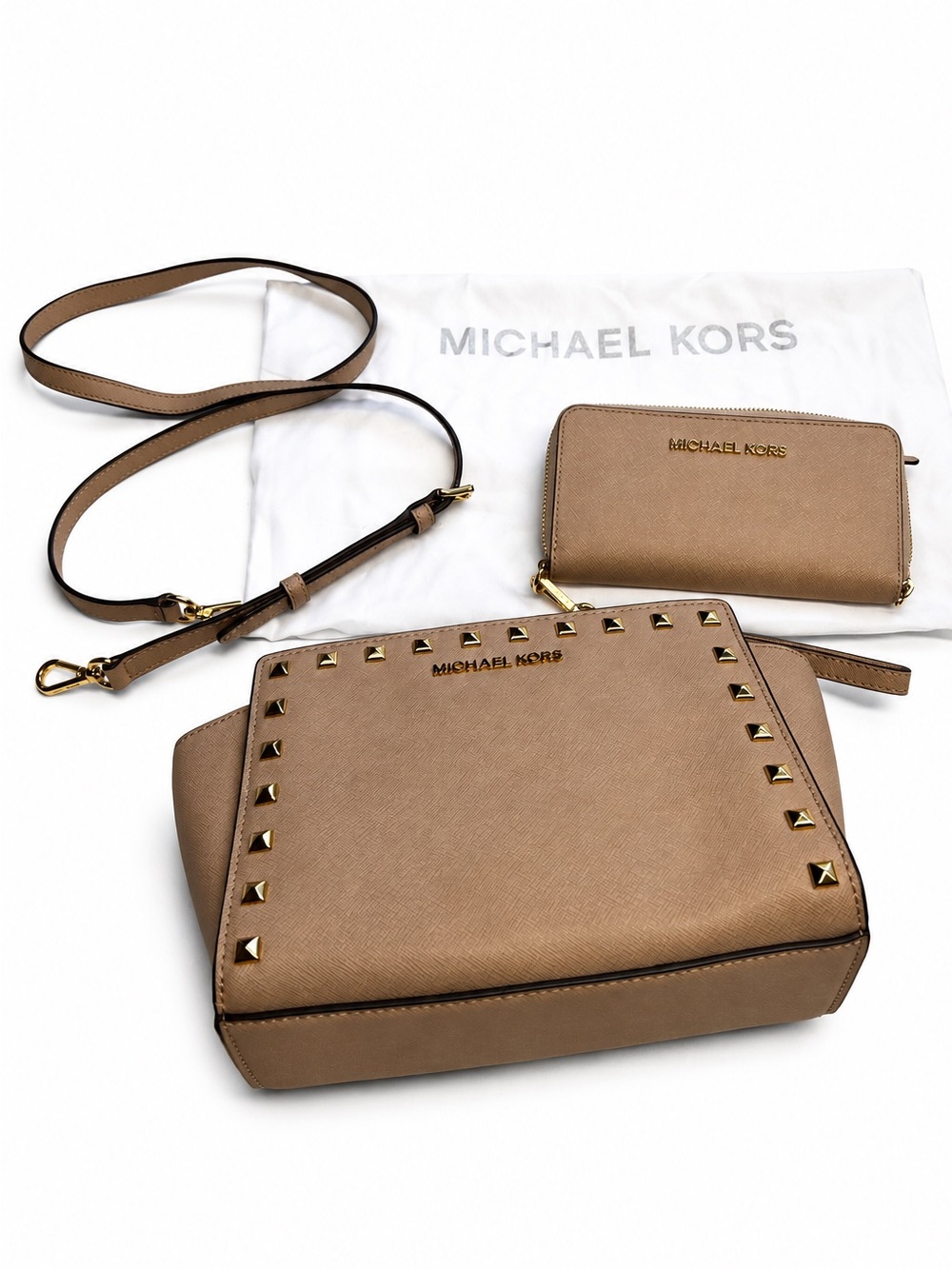 Michael Kors Tan Selma Studded Saffiano Medium Crossbody and Matching Wallet
